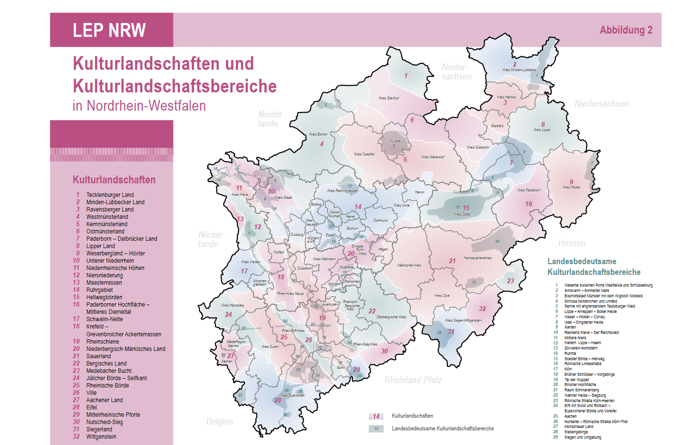 Karte der Kulturlandschaften und Kulturlandschaftsbereiche in Nordrhien-Westfalen